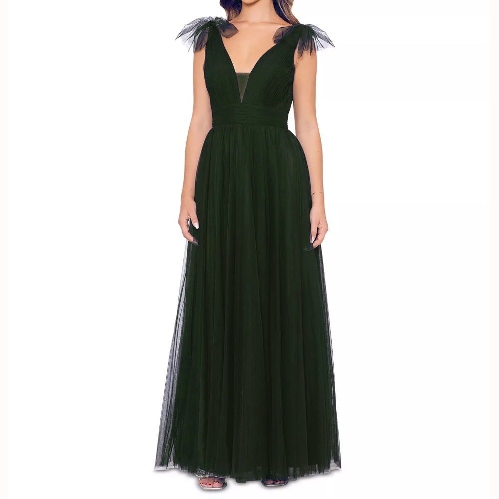 Betsy & Adam - Hunter Green V-Neck Sleeveless Tulle Gown
